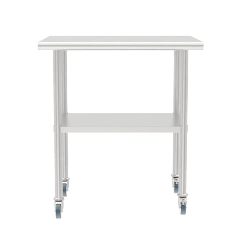 Front view of Stainless Steel Work Table With Undershelf And Casters, Flat Top Commercial Prep Table For Kitchen, Restaurant, And Garage, Heavy Duty