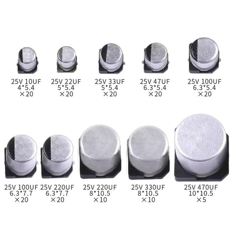 Totally DIY Friendly 165 Piece 25V SMD Aluminum Electrolytic Capacitor Kit with 10 values from 10uF to 470uF for PCB builds