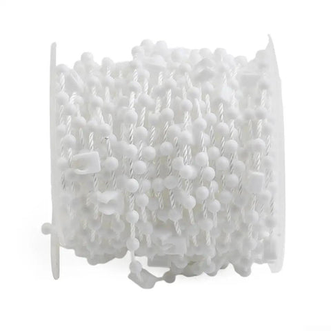 Sturdy White Plastic Beaded Pull Chain 10 Meter Replacement Cord With Bottom Weight Link Clip Connector For Vertical Blinds Shutter Repair Gear, close-up view of the 10-meter beaded chain.