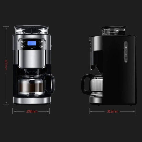 Front and side view of Grind And Brew 15 Cup Coffee Maker With Timer And Auto Off Stainless Steel Black Coffee Machine With Removable Filter Basket Adjustable Strength 8 Grind Settings For Fresh Customizable Brew.