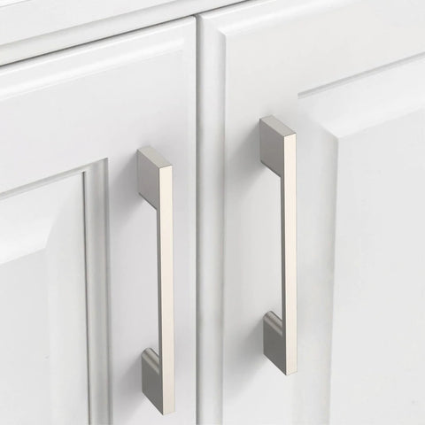 Brushed Satin Nickel Cabinet Pulls 5 Inch Center To Center 10 Pack Kitchen Cabinet Hardware Handles on white cabinet doors