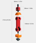 Exploded view of Adjustable Milling Vise Stop For CNC Mills And T Slot Tables, showing dimensions and components in red and orange.