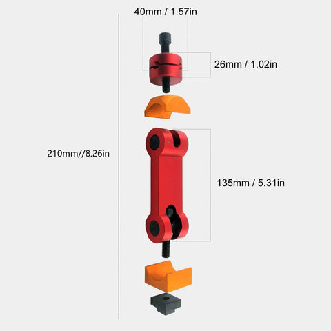 Exploded view of Adjustable Milling Vise Stop For CNC Mills And T Slot Tables, showing dimensions and components in red and orange.