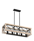 Farmhouse Style Metal Kitchen Island Light Fixture With Wood Frame Pendant Lights Height Adjustable Hanging Chandelier Five Light Iron Linear Chandelier For Dining Room E26 Base Matte Black Finish, rectangular wooden frame with iron accents.
