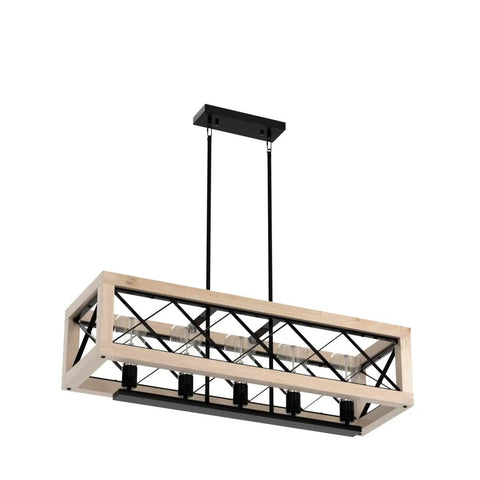 Farmhouse Style Metal Kitchen Island Light Fixture With Wood Frame Pendant Lights Height Adjustable Hanging Chandelier Five Light Iron Linear Chandelier For Dining Room E26 Base Matte Black Finish, rectangular wooden frame with iron accents.