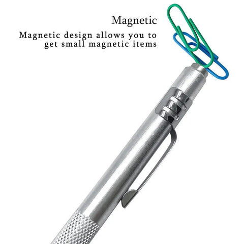 Top Shelf Tungsten Carbide Scriber Set With Embedded Magnet And Twelve Spare Tips For Rock Solid Etching On Glass Metal Ceramic Wood And Plastic Straight Up Reliability, showcasing magnetic design with paper clips.