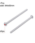 Sturdy Stainless Steel M4x65mm Pan Head Machine Screws Phillips Drive, 304 Grade Fasteners, 65mm Length, 0.7mm Pitch, Silver Gray Bolts