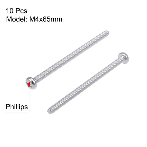 Sturdy Stainless Steel M4x65mm Pan Head Machine Screws Phillips Drive, 304 Grade Fasteners, 65mm Length, 0.7mm Pitch, Silver Gray Bolts