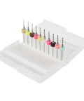 Carbide PCB Drill Bit Kit 10Pcs pro grade for mini circuit boards CNC milling with large spiral grooves in plastic case