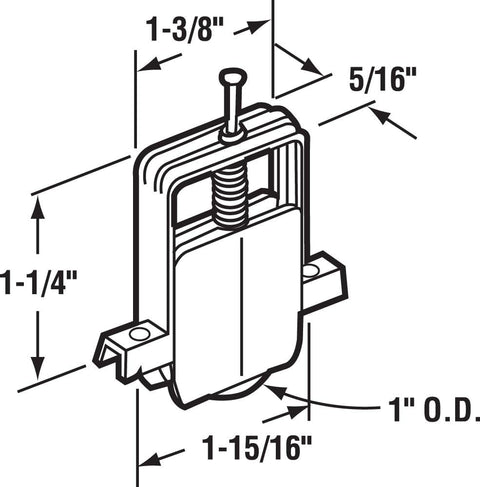 Four Pack Heavy Duty Sliding Screen Door Rollers With Spring Loaded Mechanism And White Housing showing dimensions and design details.