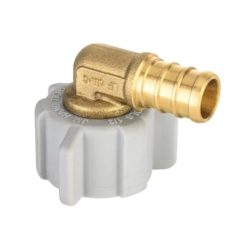 Ten Pack PEX One Half Inch To One Half Inch Female NPT Swivel Brass Crimp Elbow Fittings Lead Free ASTM F1807 NSF Certified, shown on white