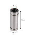 LM8LUU Linear Ball Bearings 10 Pack 8mm Bore 15mm OD 45mm Extra Long Double Sealed Units showcased from the side with dimensions.