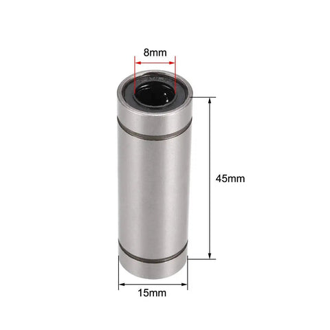 LM8LUU Linear Ball Bearings 10 Pack 8mm Bore 15mm OD 45mm Extra Long Double Sealed Units showcased from the side with dimensions.