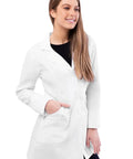 Woman in Women's Lab Coat 32 Inch Length White With Classic Fit And All Day Comfort Pockets, Ideal Nurse Or Doctor Coat