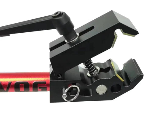 Close-up of adjustable clamp bracket from Portable Bike Repair Stand For On The Go Maintenance, durable lightweight build.
