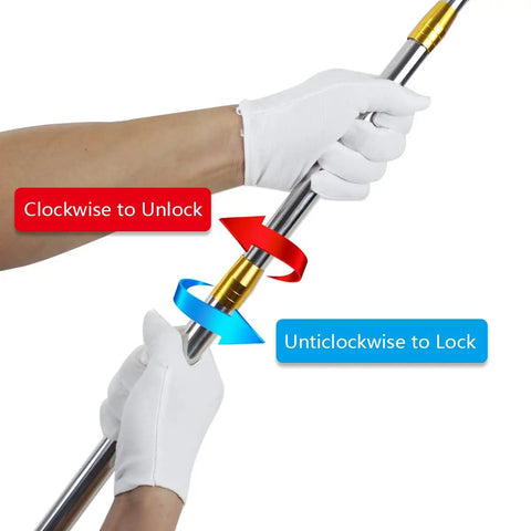 Instructions for Telescopic Fish Gaff With 5 Tooth Harpoon Replaceable Stainless Steel Fork, showing how to lock and unlock.