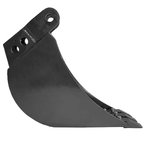 8-Inch Wide Backhoe Bucket With Three Carbon Steel Teeth, left side view, hydraulic tilt attachment, bolt-on teeth visible.