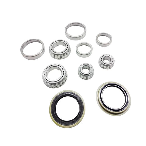10 Piece All In One Front Wheel Bearings And Seals Kit Fits Ford Explorer 1995 2011 Ranger 1995 2011 Mercury Mountaineer 1997 2001 Mazda B2300 B2500 B3000 B4000 1995 2009 RWD Easy Install Hub Replacement displayed with bearings and seals arranged.