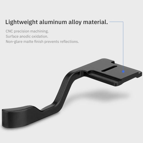 Ergonomic Black Metal Thumb Up Rest Grip For Fujifilm Xt30 Xt20 Xt10 Xt50 Xt30iii Cameras shown in lightweight aluminum alloy