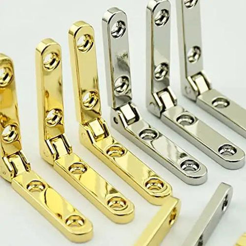 Heavy Duty 90 Degree Zinc Alloy Spring Hinges Pack Of 10 For Wooden Boxes And Jewelry Cases, gold and silver finish, side view