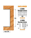 Heavy Duty Aircraft Aluminum Rabbeting Cutter Head Workhorse With Carbide Tipped Blades diagram showing 2 straight and 4 scoring knives dimensions.