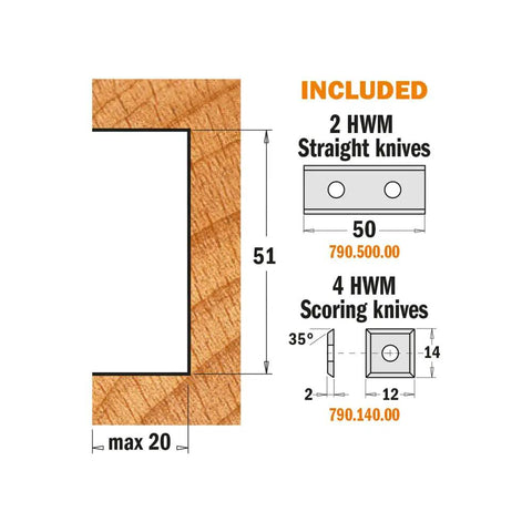 Heavy Duty Aircraft Aluminum Rabbeting Cutter Head Workhorse With Carbide Tipped Blades diagram showing 2 straight and 4 scoring knives dimensions.