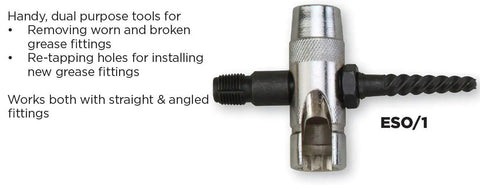 4 Way Grease Tool Small For Removing Worn Or Broken Grease Fittings Re Tap Holes For New Fittings Works With Straight And Angled Fittings Open Fittings With Hex 5/16 And 3/8 Handy Shop Essential For Any Gearhead, featuring steel construction and dual-purpose design.