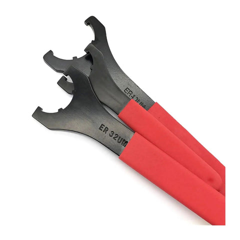 Essential ER16 ER20 ER25 ER32 ER40 Spanner Wrench For Tightening Collet Nuts On CNC Milling Lathes with red grips.