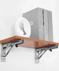 Heavy Duty Stainless Steel Shelf Brackets 2 Pack Bright Silver Folding Wall Mounts holding a wooden shelf with decorative items.