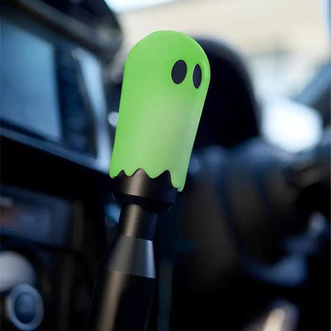 Flat Out Smooth Shifting Universal Gear Knob Featuring Glowing Phantom Etching And Contoured Machined Aluminum Handle For Easy Night Cruising Plus Three No Sweat Mount Adapters, green ghost design.
