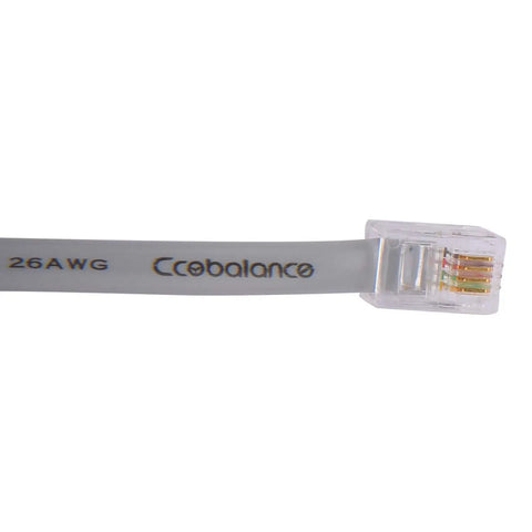 Close-up of a 26 AWG Ethernet cable with clear connector, labeled 'Ccobalance'