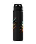 Black insulated stainless steel water bottle designed for sailplane pilots and glider enthusiasts, with colorful accents visible on bottle.