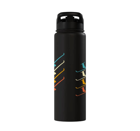 Black insulated stainless steel water bottle designed for sailplane pilots and glider enthusiasts, with colorful accents visible on bottle.