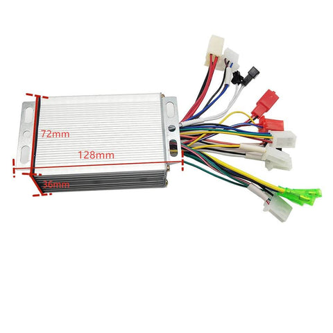 36V-48V 350W Brushless DC Motor Controller with aluminum housing and wires for electric bicycles and scooters.