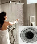 Woman in shower using Twenty Pack Hair Catching Drain Strainers Two Point One Two Inch Mesh Basket Sink Filter Screen.