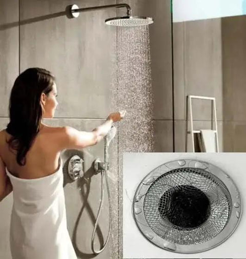 Woman in shower using Twenty Pack Hair Catching Drain Strainers Two Point One Two Inch Mesh Basket Sink Filter Screen.