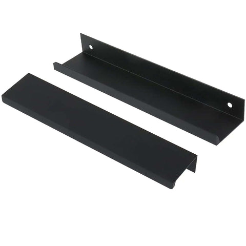 Heavy Duty Black Aluminum Finger Pull Handles For Kitchen Cabinets And Drawers Ergonomic One Handed Grip Design No Sweat Glide Operation Set Of Six Pieces With Mounting Hardware close-up of two black metal handles