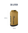 Big River Dry Bag 35 Liter Heavy Duty Waterproof Gear Storage For Kayaking Rafting Canoeing And Outdoor Travel Ultralight TPU Coated 420D Nylon With Triple Coated Base Gold Brown upright view with logo.