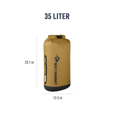 Big River Dry Bag 35 Liter Heavy Duty Waterproof Gear Storage For Kayaking Rafting Canoeing And Outdoor Travel Ultralight TPU Coated 420D Nylon With Triple Coated Base Gold Brown upright view with logo.