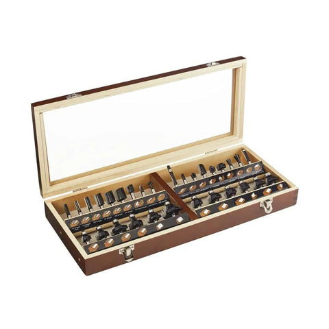 Carbide Router Bit Set 30-Piece With Edge Forming And Surface Forming Bits For Straight And Joinery Cuts in wood case
