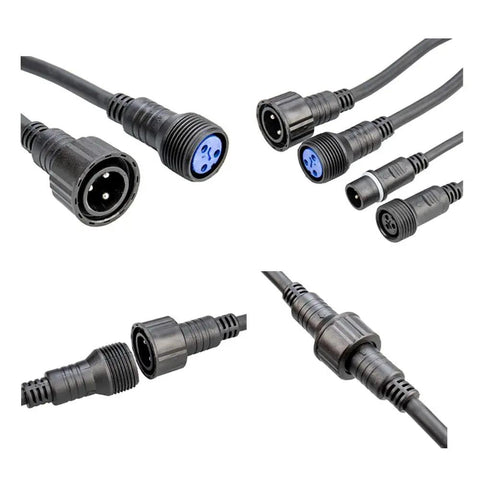 Tough As Nails Ip65 Waterproof Power Extension Cord With Three Pin Connectors For Outdoor Stage Lighting, detailed view of connectors.