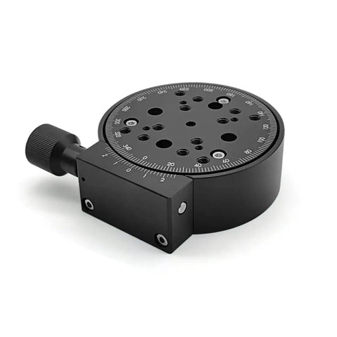 R Axis 360 Degree Manual Rotary Stage 100mm Table With Precision Angle Adjustment, Worm Gear Drive, shown from side angle