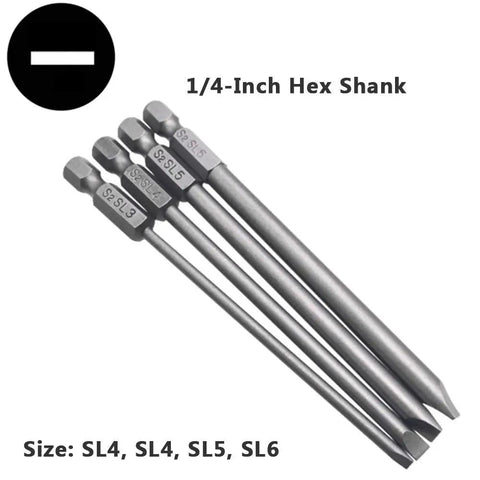Close-up of 4 flat head slotted screwdriver bits with 1/4 inch hex shank from 4-In-1 Magnetic Screwdriver Bit Set, 16-Piece Kit
