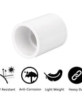 Image of a white PVC pipe coupling with UV resistant, anti-corrosion, lightweight, heavy-duty icons. Twenty Pack Three Quarters Inch PVC Pipe Couplings Socket To Socket Heavy Duty Schedule 40 PVC Slip Socket Connectors For DIY Shelving Garden Support Structures Ideal For Framing Fittings And Projects In Home Workshops White.