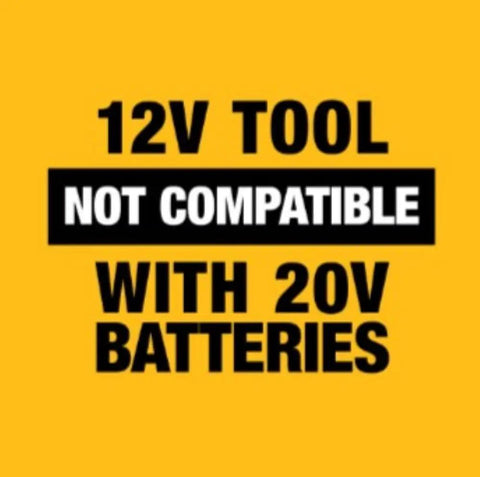 Image showing text '12V Tool Not Compatible With 20V Batteries' on a yellow background, relating to Cordless 12V Max Three Eighth Inch Drive Ratchet Wrench.