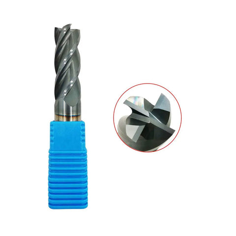 Carbide Square End Mill Three Quarters Inch Four Flute AlTiN Coated in blue packaging, close-up of cutting edges shown.
