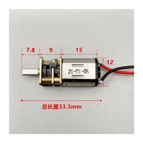 Ga12 N20 12 Mm Full Metal Gear Reduction Motor With D Shaft DC 3V To 6V 36 RPM Slow Speed view with dimensions on a white background.