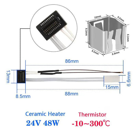 Dimensions and details of 2 Pack 24V 48W Ceramic Heater With Thermistor For P1P And P1S 3D Printers High Temp 300C Fast Heat Up