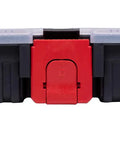 Side view of a 2-Pack Stackable Small Parts Organizer Box with 20 Compartments and 12 Removable Dividers, ideal for garage use.