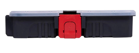 Side view of a 2-Pack Stackable Small Parts Organizer Box with 20 Compartments and 12 Removable Dividers, ideal for garage use.